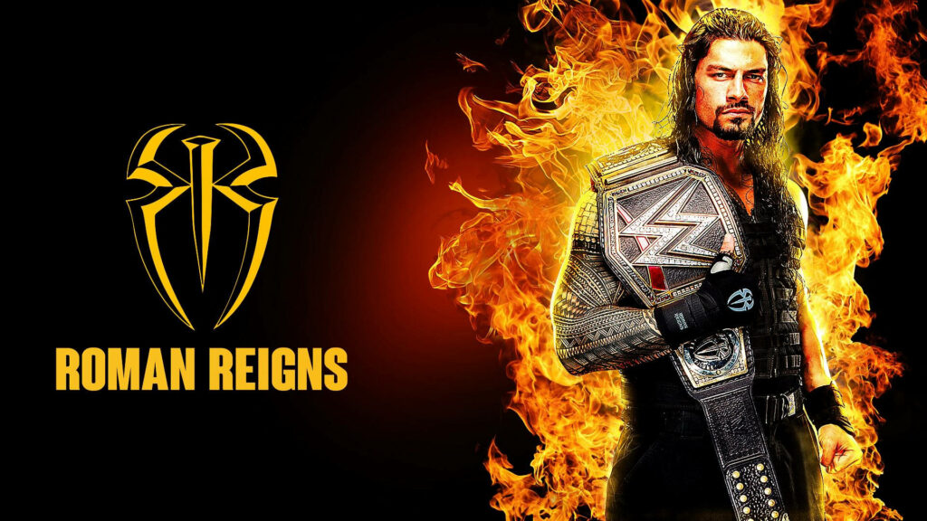 Reign of Fire: A Breathtaking Illustration of Roman Reigns with Fiery Wallpaper Background