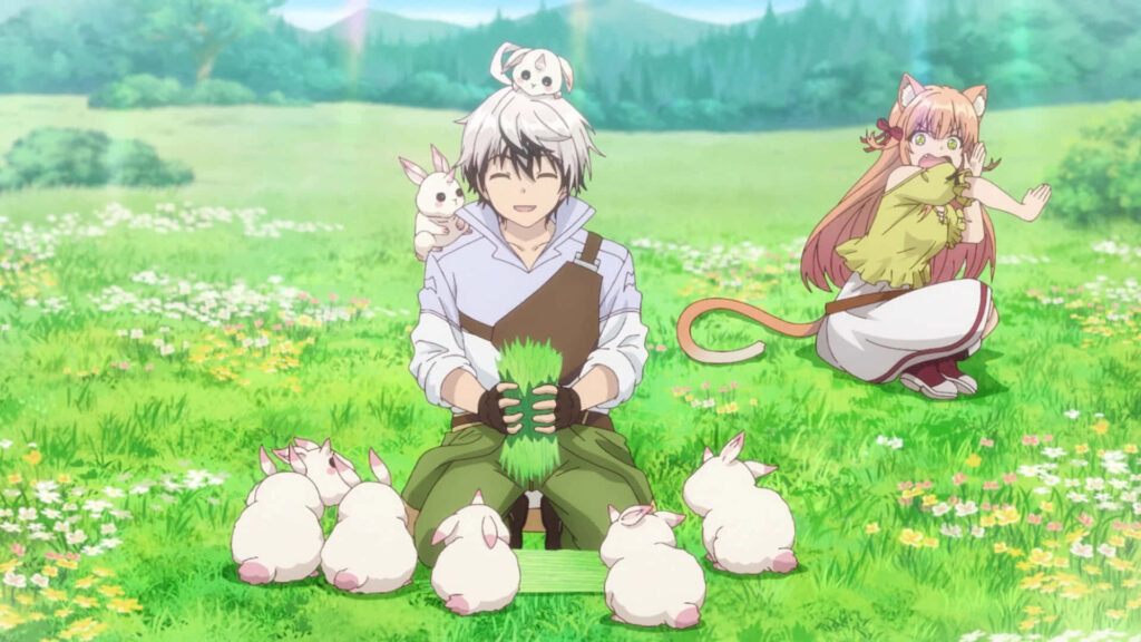 Rein and Kanade from Beast Tamer relaxing in sunny green meadow with white rabbits anime wallpaper