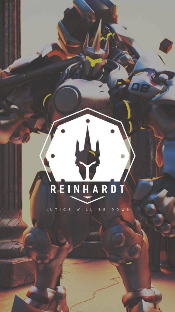 Overwatch Reinhardt mobile wallpaper with warm lighting and white hexagonal logo background