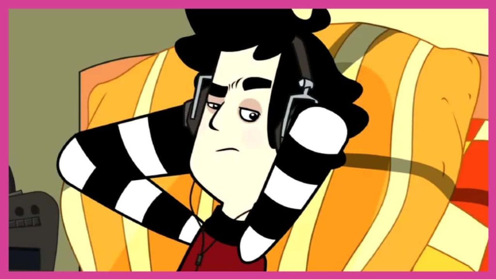 Fred from Fred's Head relaxing on yellow couch with headphones and striped sleeves wallpaper