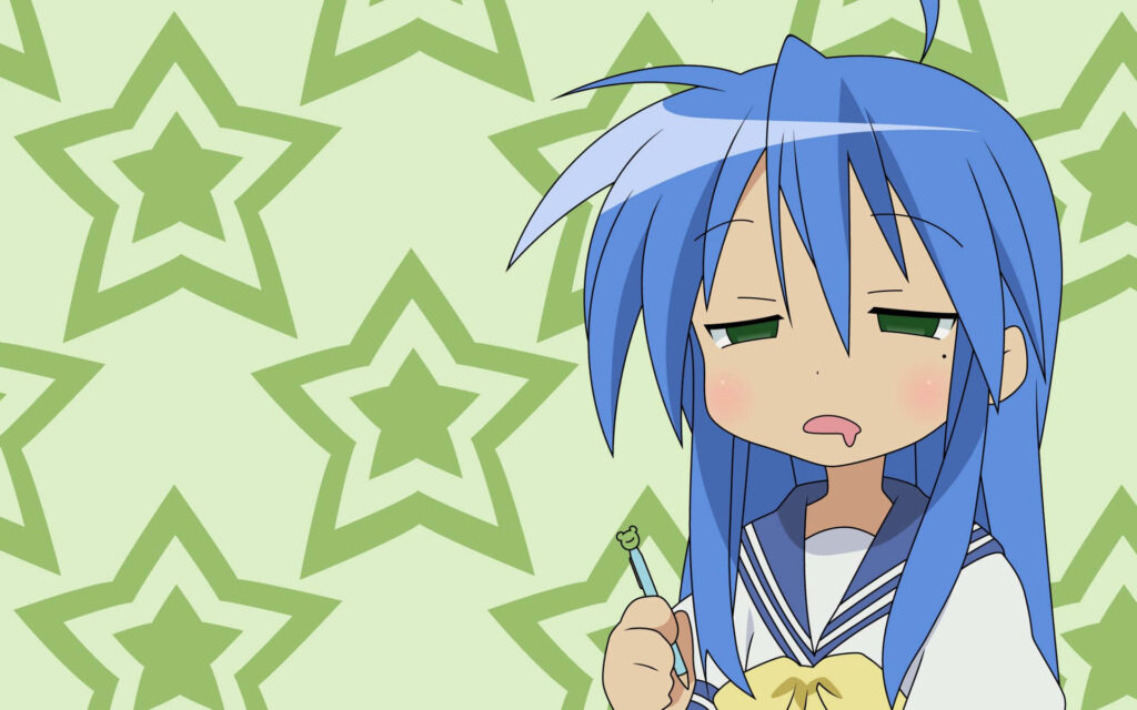 Relaxed Anime Character Wallpaper: Blue Hair & Green Eyes on Bright Background