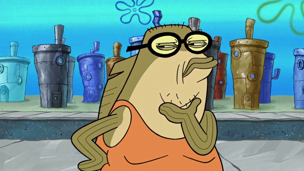 Bubble Bass from SpongeBob SquarePants in thoughtful pose colorful Bikini Bottom cartoon wallpaper