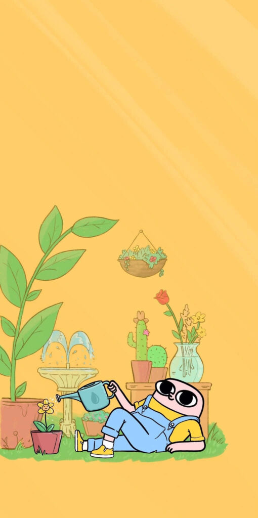 Relaxing Cartoon Character with Plants - Calming Yellow Wallpaper