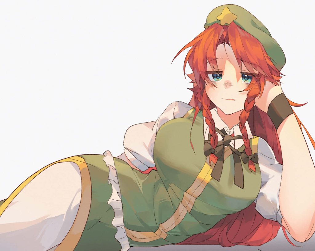 Hong Meiling reclining anime art in green uniform with red braids and star cap wallpaper background