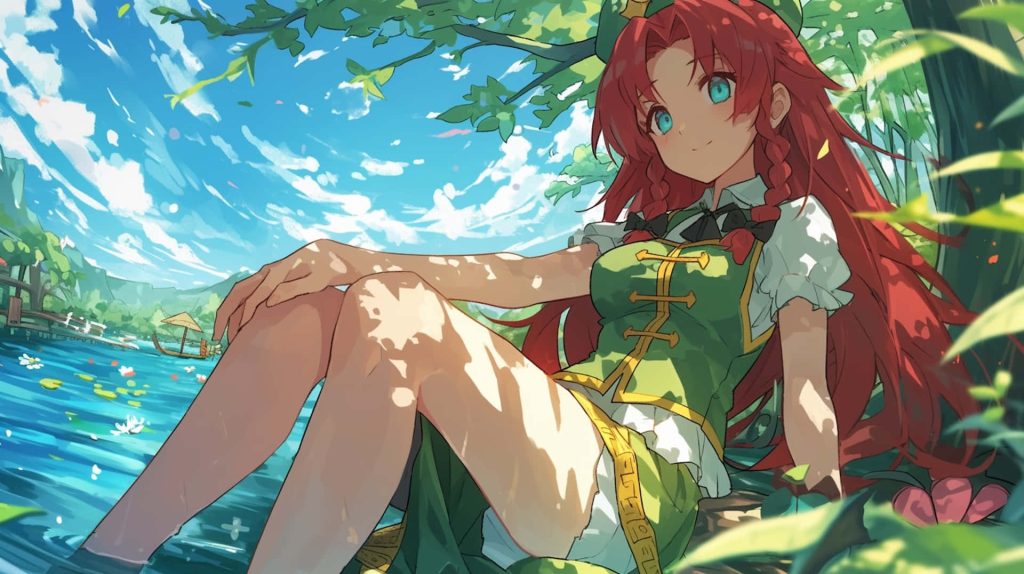 Hong Meiling from Touhou Project relaxing by sunlit lake in vibrant anime-style wallpaper