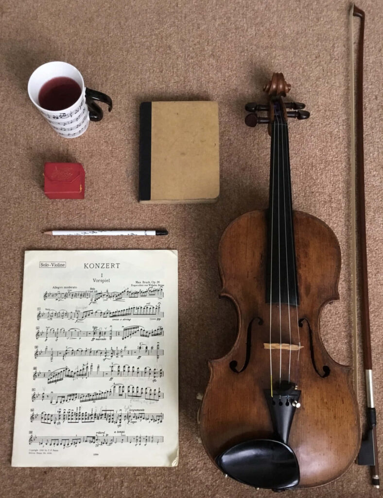 Relaxing Music & Creativity Wallpaper: Violin, Sheet Music & Tea