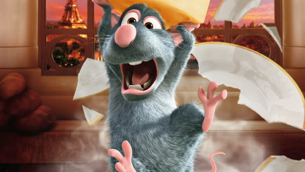 Remy’s Joyful Cheese Lift: Paris-Inspired Ratatouille Wallpaper