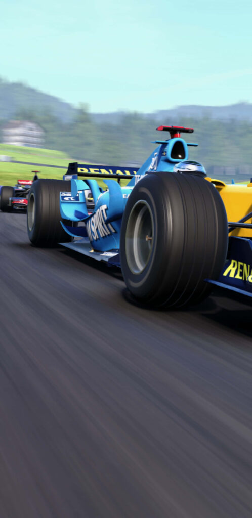 Renault Racing Car F1 2018 speeds on track with iconic blue and yellow livery wallpaper background
