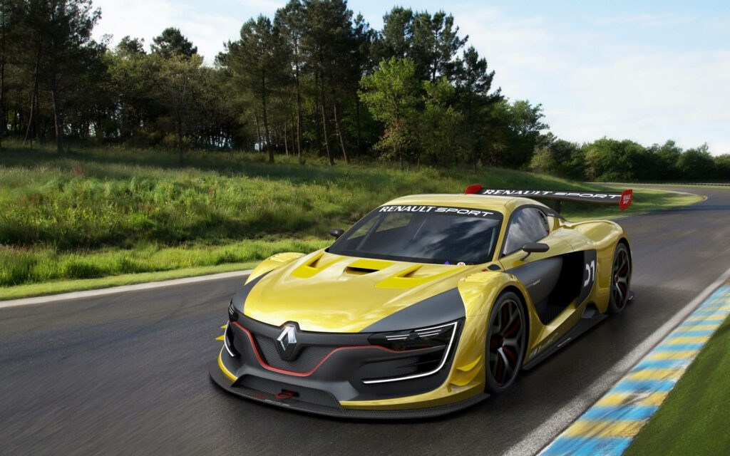Renault Sport yellow and black race car speeding on sunlit racetrack showcasing aerodynamics Wallpaper