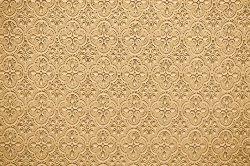 Elegant beige floral wallpaper with embossed geometric and organic motifs seamless pattern