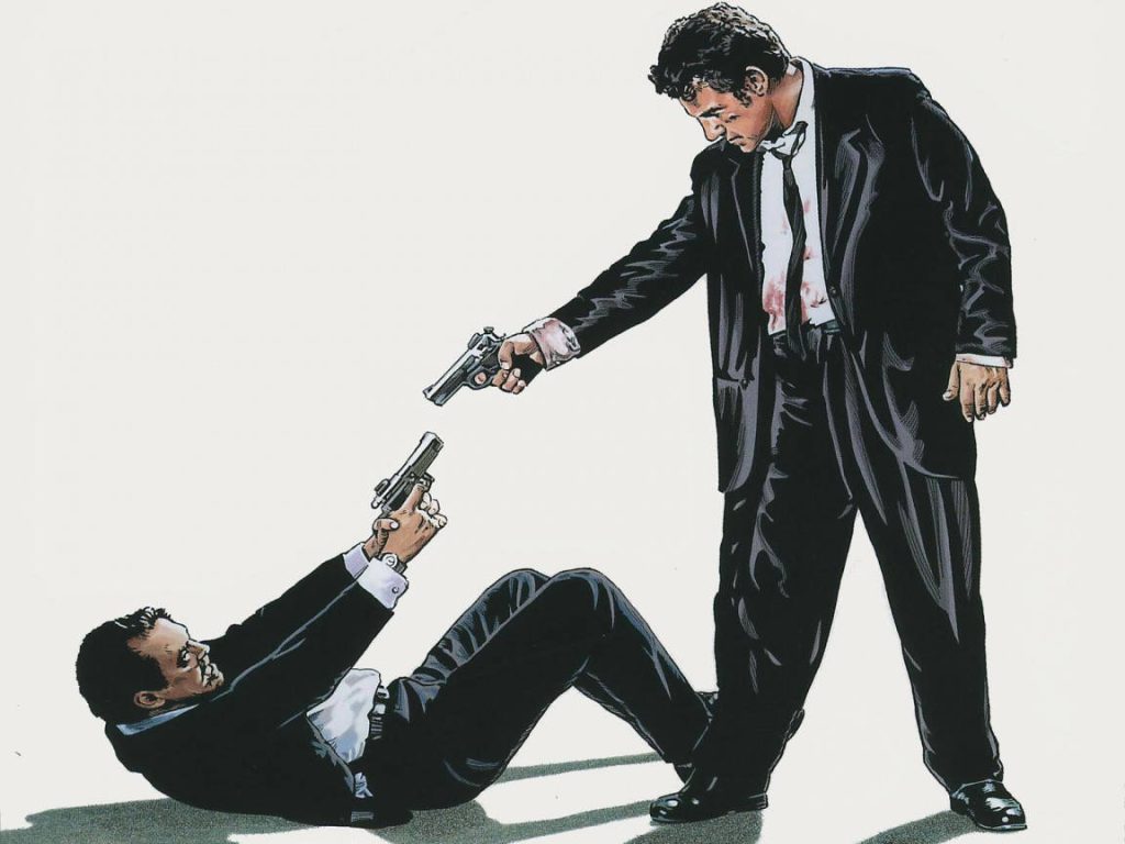 Minimalist graphic art of Reservoir Dogs Mexican standoff Harvey Keitel Tim Roth in suits Wallpaper