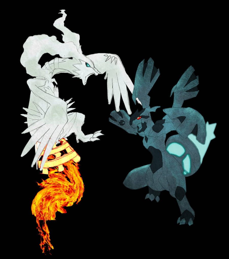 Reshiram and Zekrom Legendary Pokémon intense battle digital art wallpaper on black background