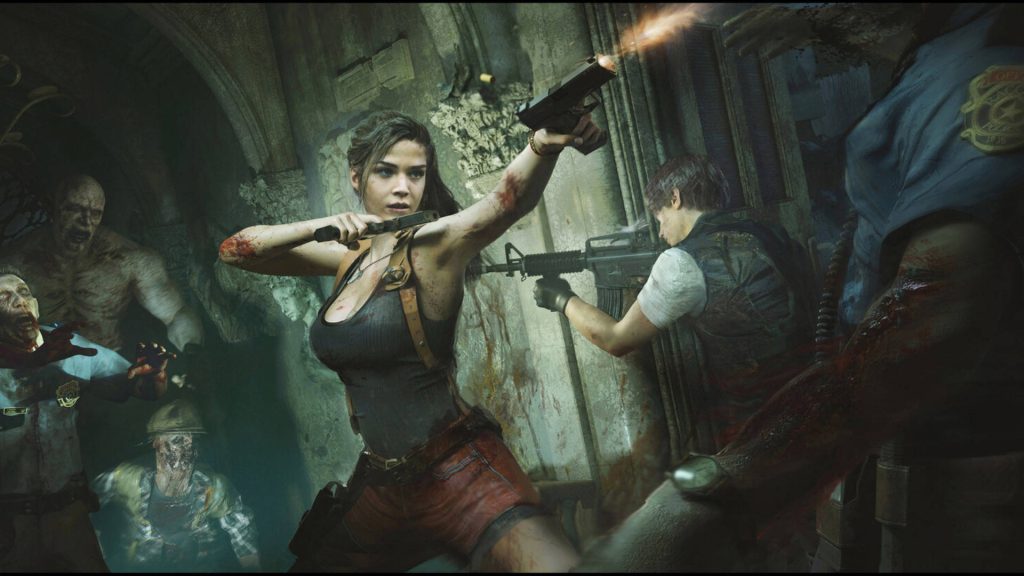 Resident Evil 2 wallpaper with Claire Redfield and Leon Kennedy fighting zombies in Raccoon City
