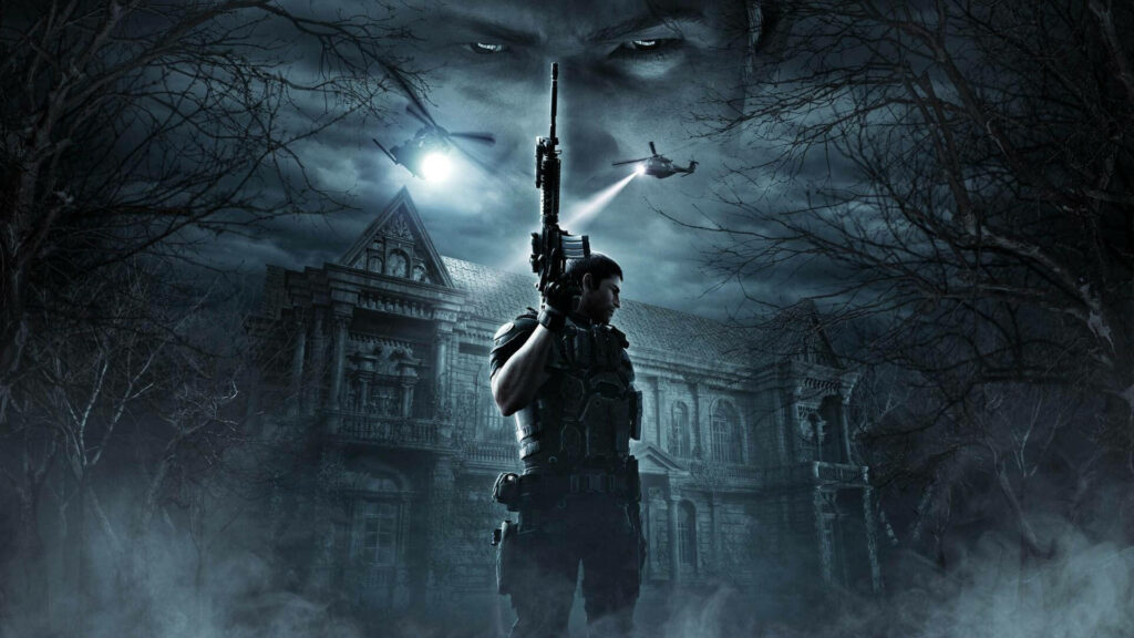 Menacing Encounters: Chris Redfield in an Aesthetically Haunting Mansion - HD Resident Evil Wallpaper