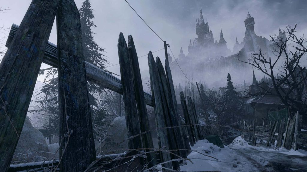 Resident Evil Village Castle Dimitrescu in snowy mist behind rustic wooden fence atmospheric wallpaper