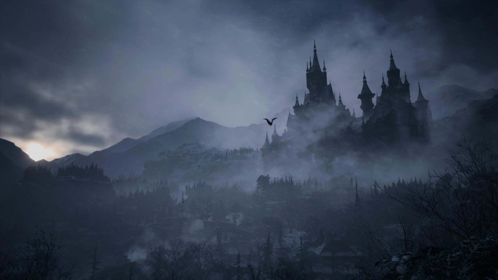 Resident Evil Village wallpaper Castle Dimitrescu silhouette foggy snow mountain horror background