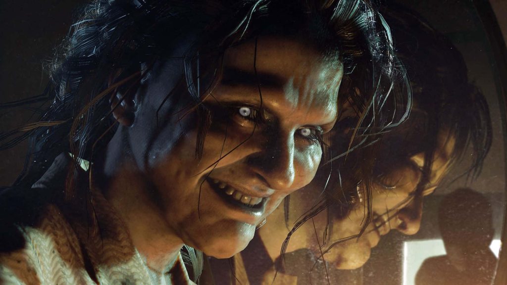 Close-up of pale-eyed monstrous creature from Resident Evil Village horror game wallpaper background