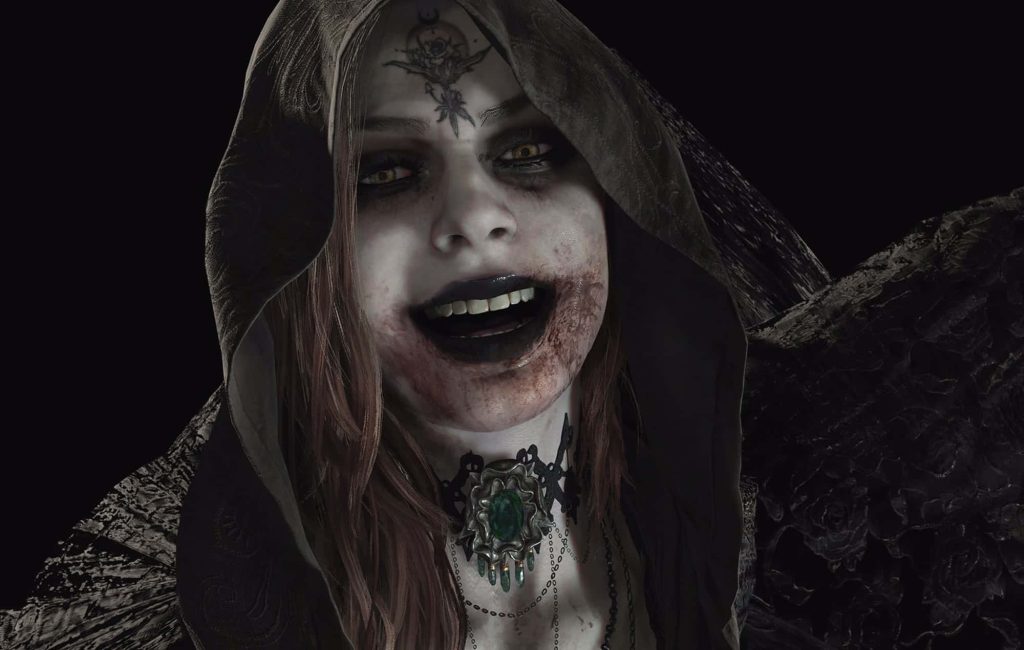 Close-up of Lady Dimitrescu daughter with blood lips and gothic choker Resident Evil Village wallpaper
