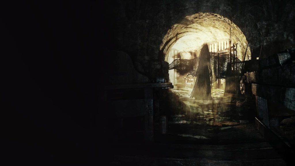 Tall Lady Dimitrescu silhouette in glowing gothic arch Resident Evil Village horror wallpaper
