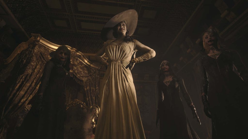 Resident Evil Village wallpaper Lady Dimitrescu and daughters gothic castle low-angle cinematic