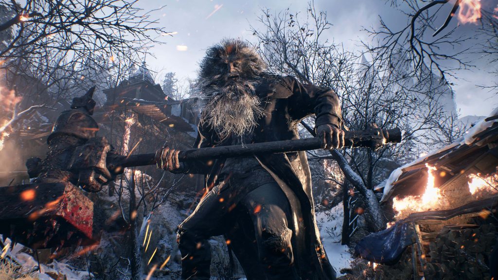 Resident Evil Village Urias Lycan boss wielding bloodied hammer in snowy fire-ravaged scene Wallpaper