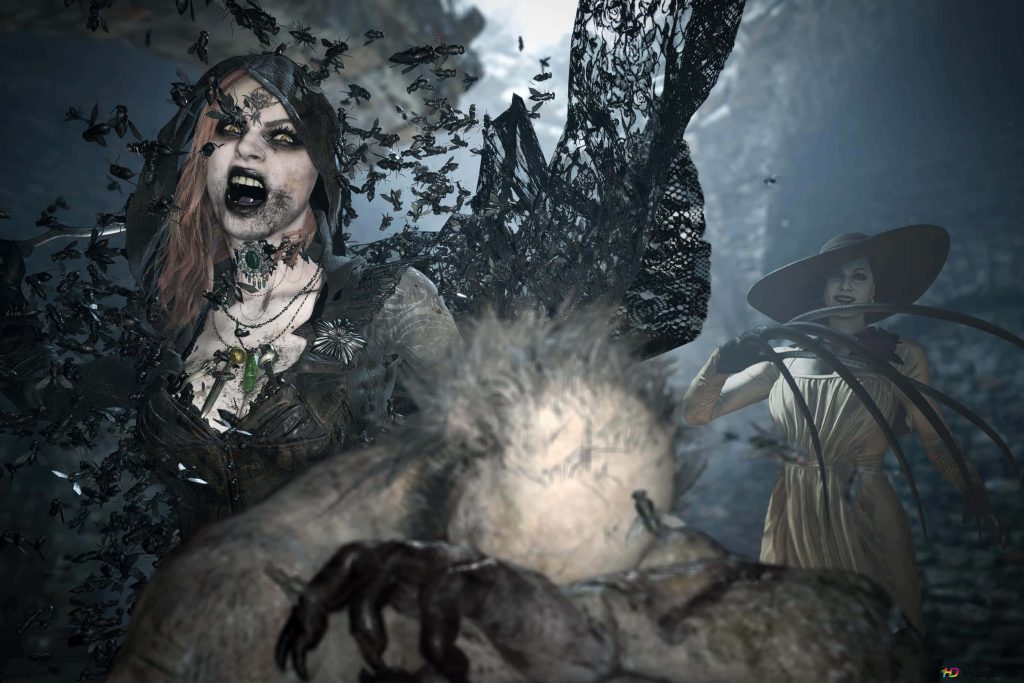 Resident Evil Village wallpaper featuring gothic Lady Dimitrescu and insect-covered daughter