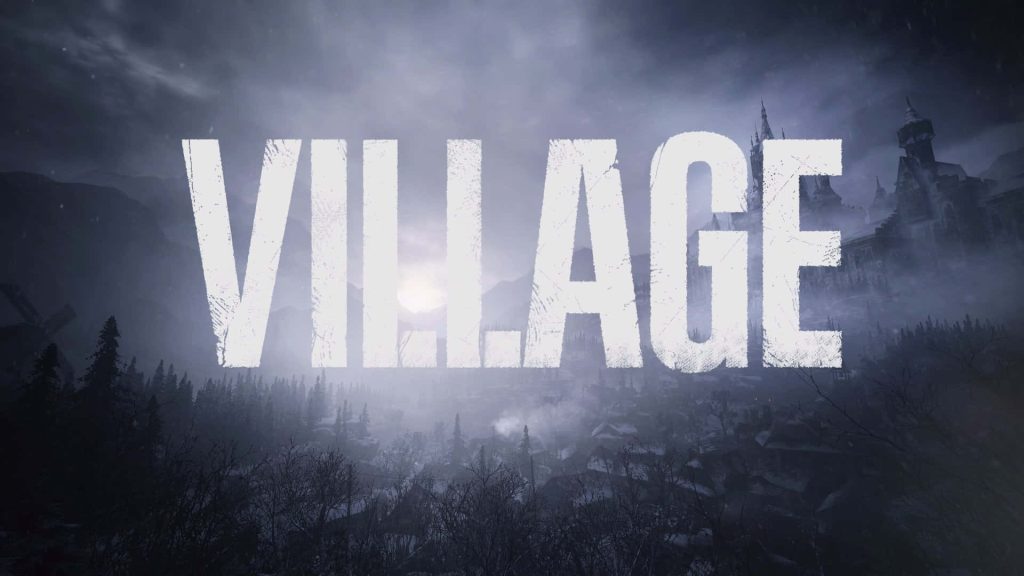 Resident Evil Village wallpaper with bold VILLAGE text snowy landscape and gothic castle background
