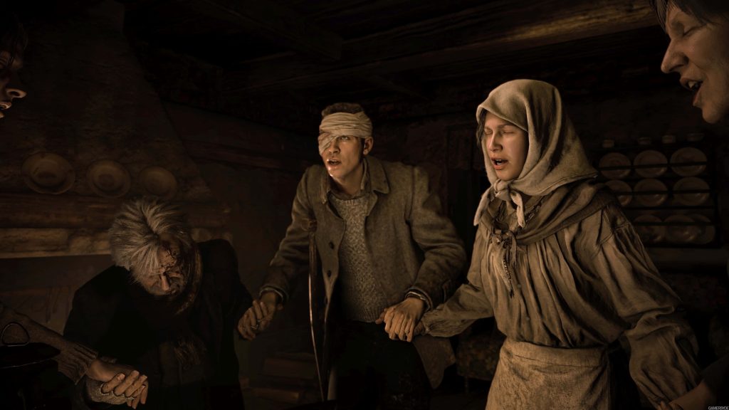 Resident Evil Village wallpaper injured villagers holding hands dimly lit grim ritual scene background