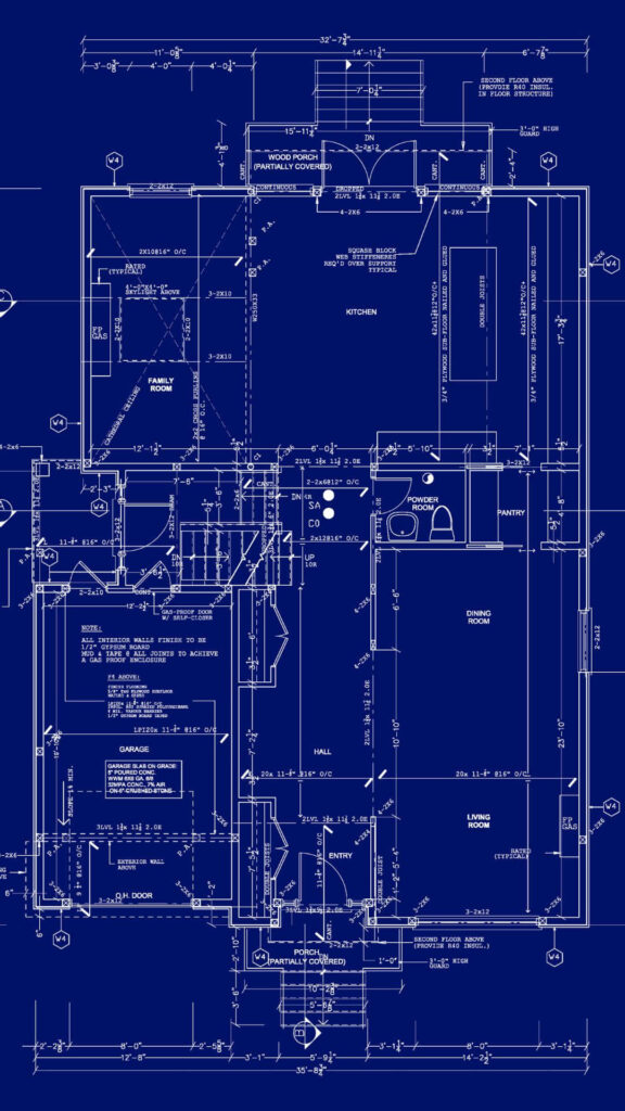 Detailed residential home blueprint with floor plans and measurements on classic blue background Wallpaper