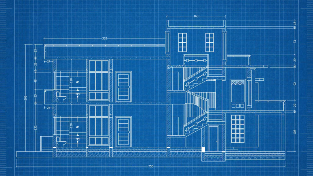 Detailed residential building architectural blueprint with technical drawings on blue background Wallpaper