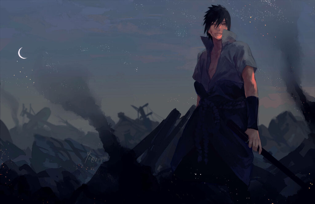 Sasuke Uchiha in the aftermath: A battle-scarred warrior amidst the ruins of a town, under the bleak night sky - 4k wallpaper