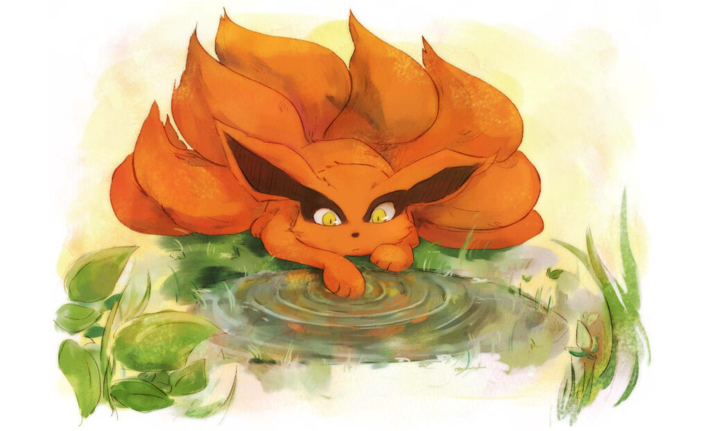Kawaii Kurama: A Chibi Water Wonderland Wallpaper featuring Naruto's Nine-Tailed Beast