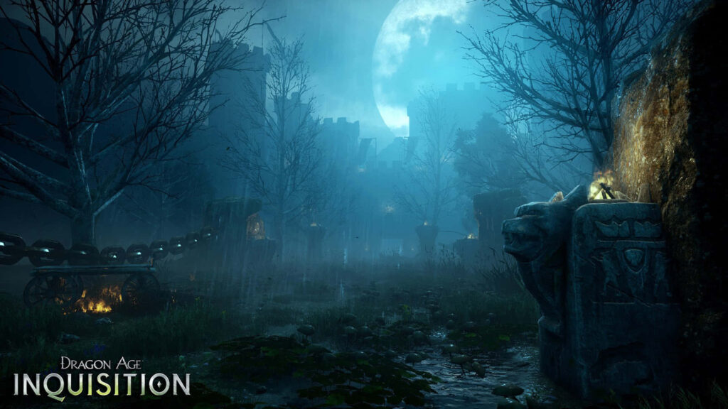 Dragon Age: Inquisition Moonlit Ruin and Castle Night Scene Wallpaper
