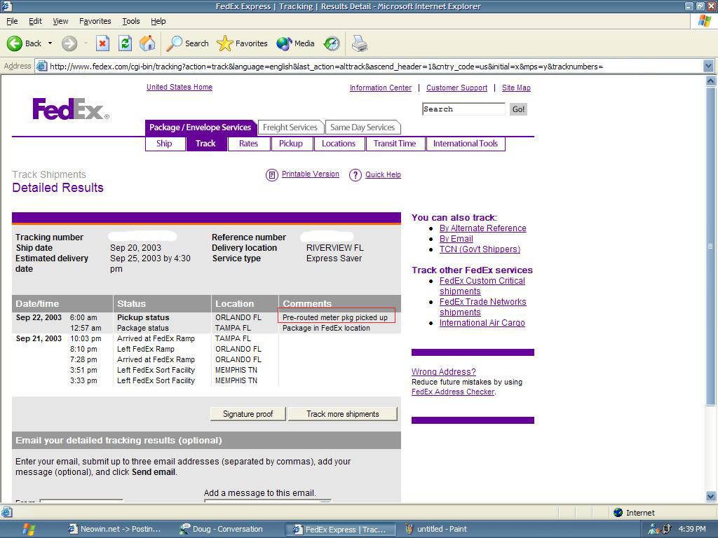 Early 2000s FedEx tracking interface on vintage Internet Explorer with classic purple branding wallpaper