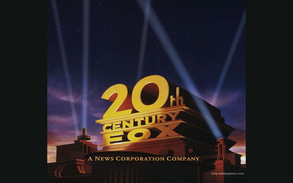 Retro 20th Century Fox logo wallpaper with golden 3D text and dramatic spotlights on starry sky