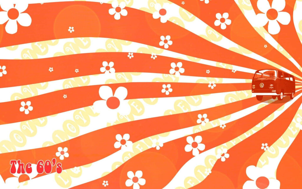 Retro 60s Wallpaper: Bold Orange Swirls & Vintage Camper Van Design