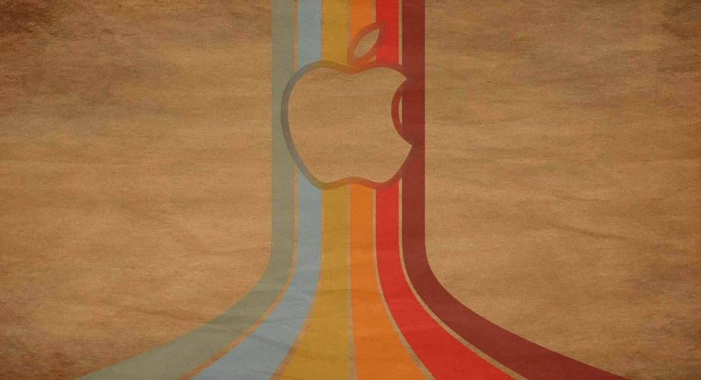 Retro 70s Apple logo wallpaper with warm curved stripes on a textured vintage paper background