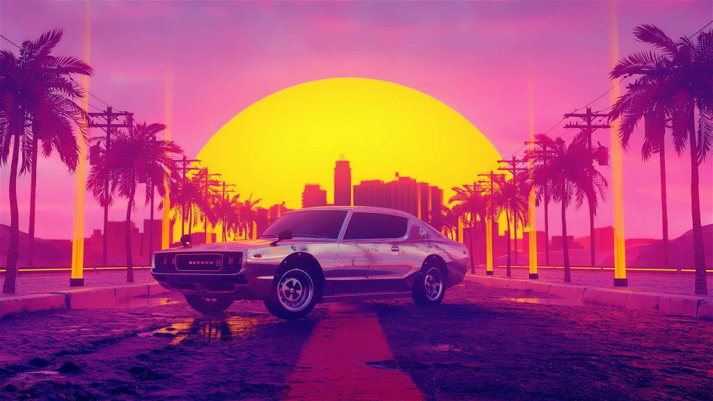 Silver Datsun on rain-slicked street with palm trees under neon pink purple sunset synthwave background Wallpaper