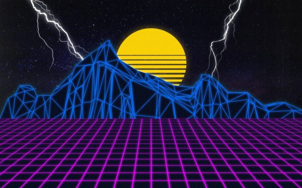 80s synthwave wallpaper with purple neon grid blue wireframe mountains yellow sun electric sky