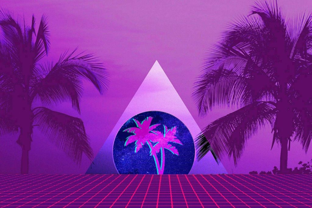 80s synthwave wallpaper with neon grid landscape silhouette palm trees and glowing triangular portal