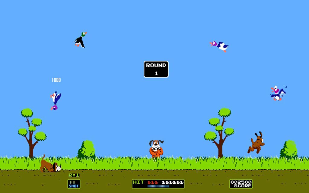 Duck Hunt Round 1 NES wallpaper with pixelated ducks blue sky green grass and hunting dog