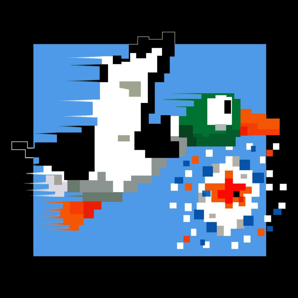 Pixelated Duck Hunt duck flying retro 8-bit style bright blue background classic game wallpaper