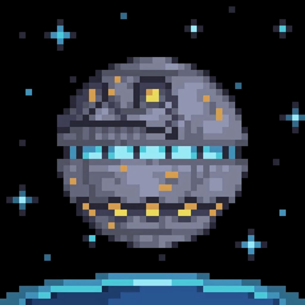 Pixel art Death Egg from Sonic floating in starry space with glowing blue windows background Wallpaper