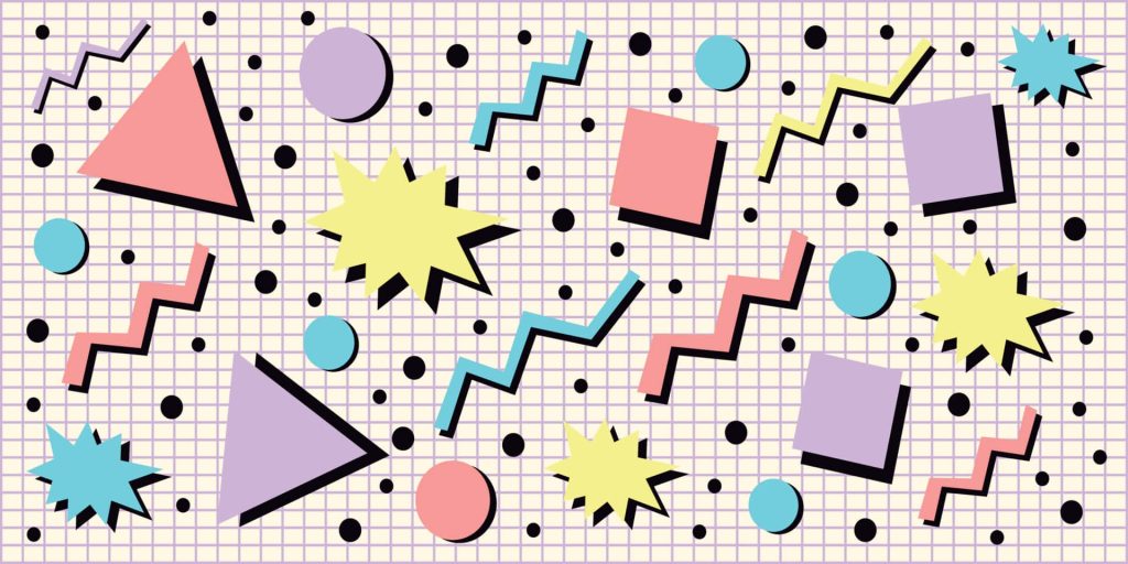 Retro 90s Memphis wallpaper with pastel geometric shapes and bold black outlines on grid background
