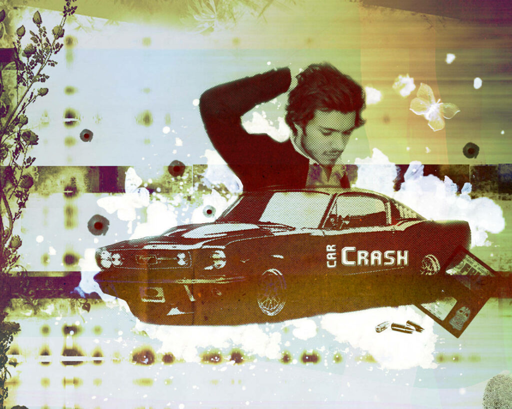 Adam Brody retro art wallpaper vintage muscle car with car crash text floral abstract design