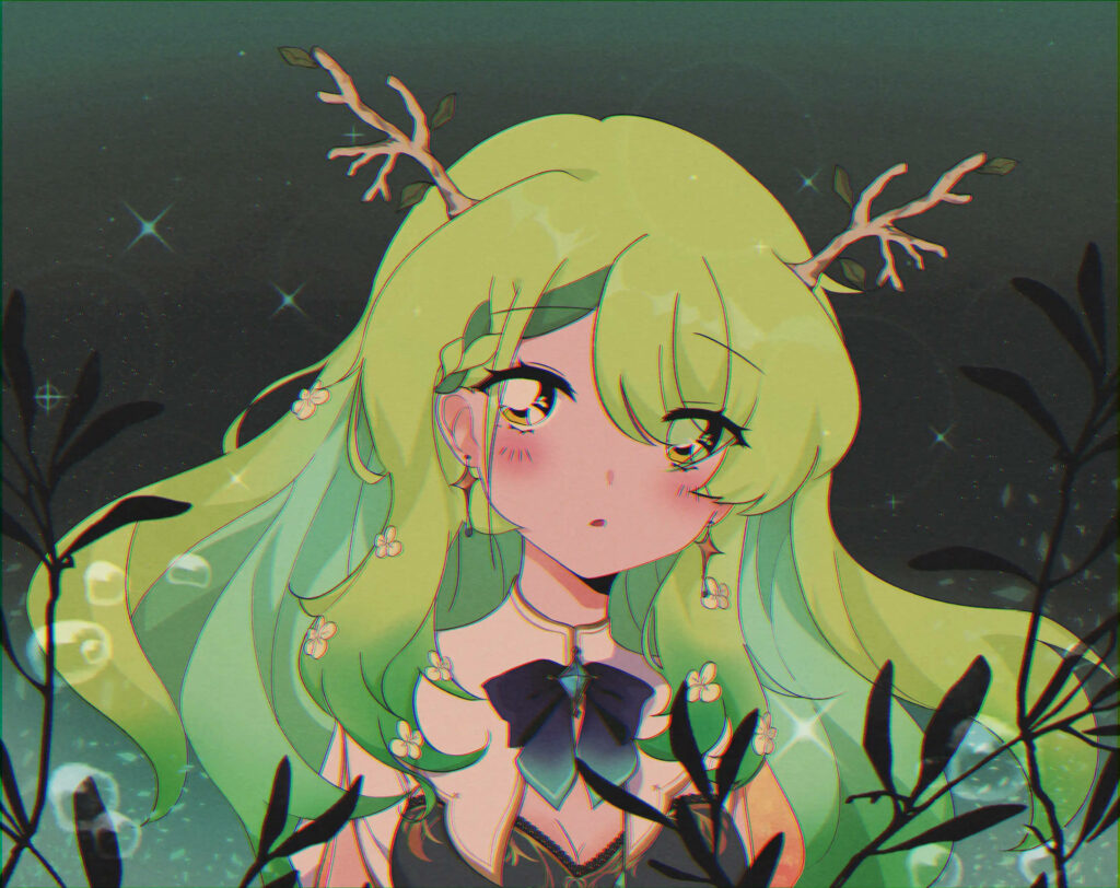 Magical Retro Anime Wallpaper: Ceres with Green Hair & Antlers