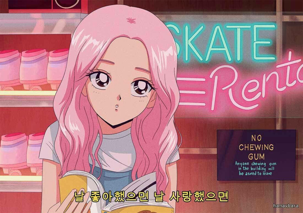 Retro Anime Wallpaper: Pink-Haired Girl in Nostalgic Rink Setting