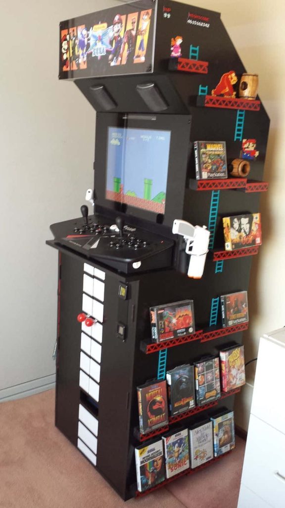Retro arcade cabinet wallpaper with Donkey Kong design Mario level and classic console shelves