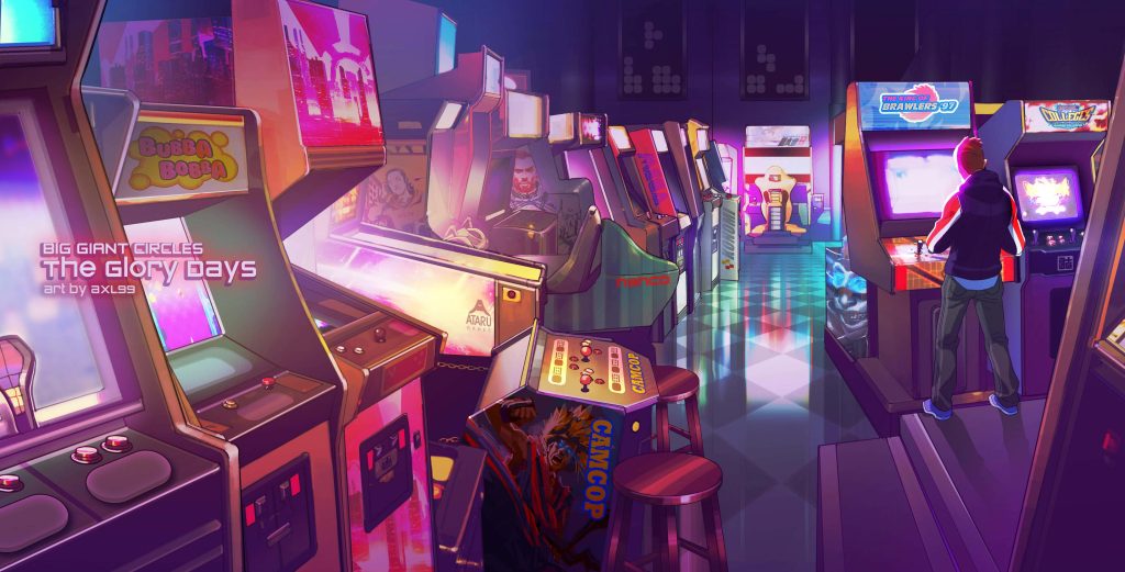 Retro arcade scene with King of Brawlers 97 cabinets neon glow synthwave gaming wallpaper