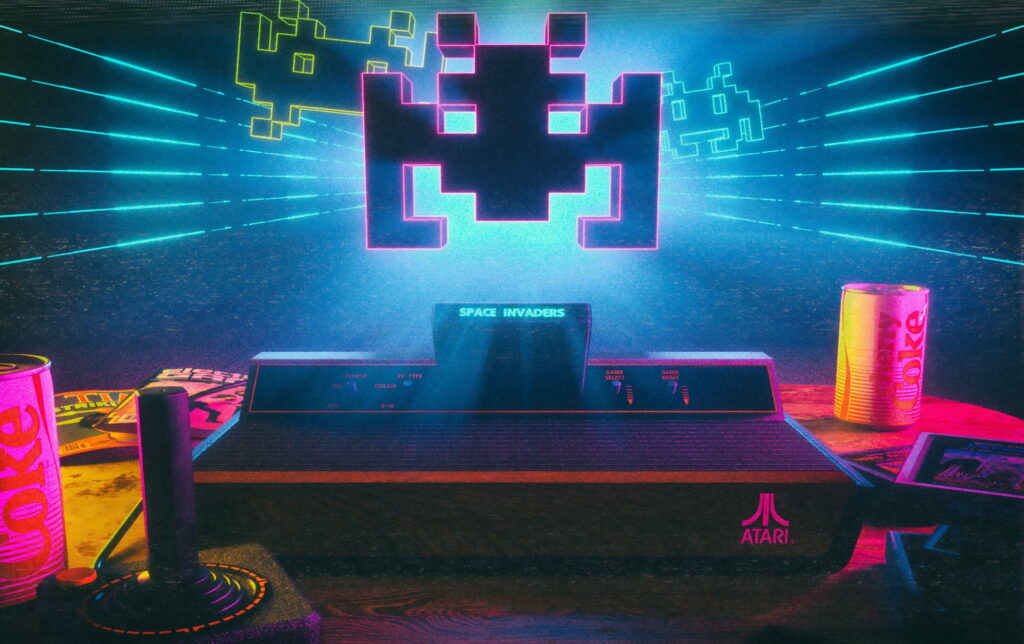 Retro Atari 2600 console joystick Cherry Coke cans neon Space Invaders wallpaper background